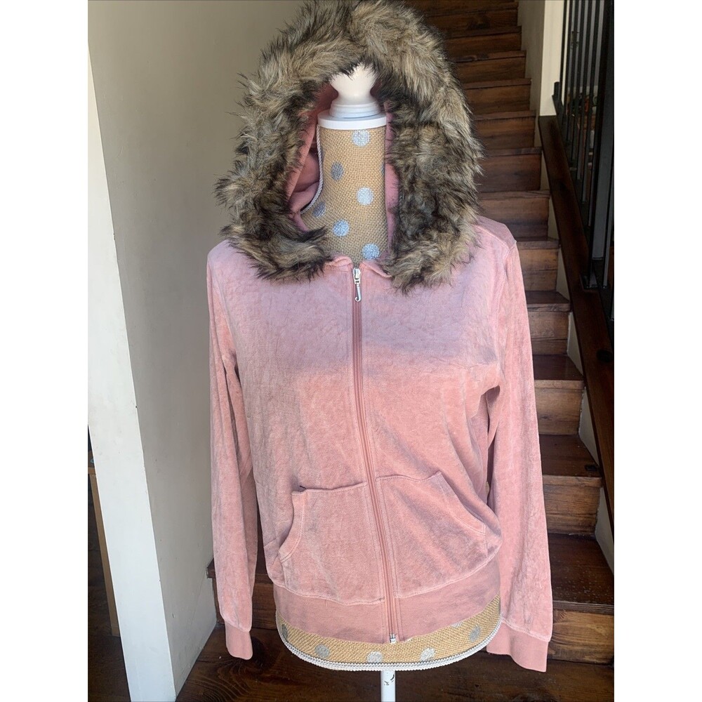 Y2K Vintage Juicy Couture Pink Velour  Faux Fur Track Jacket Large Mcbling Fall